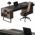 Modern Wooden Office Desk With Black Top Laptop Desk Lamp And Storage Shelves