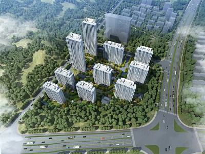 Aerial Planning of Residential Development with High Rise Buildings Greenery and Surrounding Roads 3d model