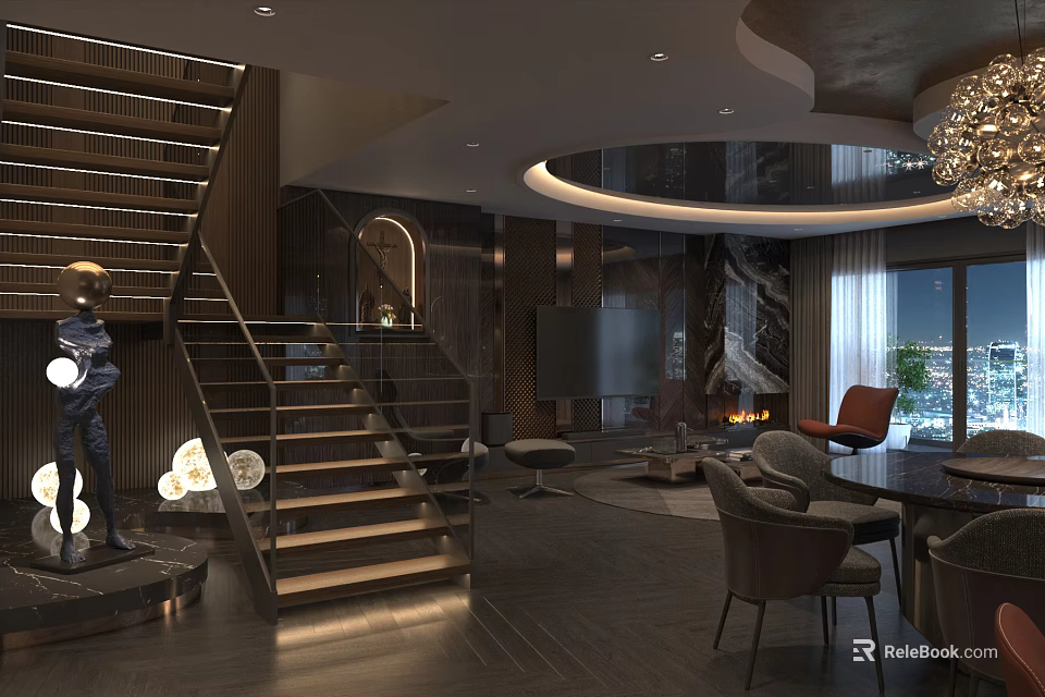 Modern Living Dining Room Interior With Wooden Staircase Round Chandelier Dark Wood Floors And Fireplace 3d model 