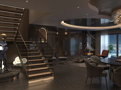 Modern Living Dining Room Interior With Wooden Staircase Round Chandelier Dark Wood Floors And Fireplace 3d model