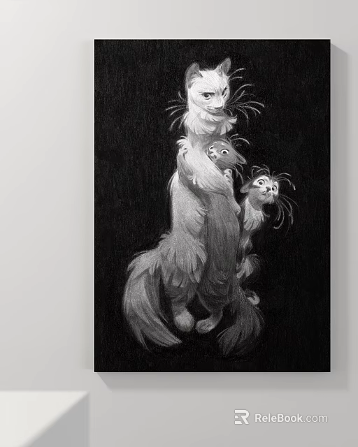 Monochrome Cat Family Artwork In Dark Background With Three Cats 3d model 