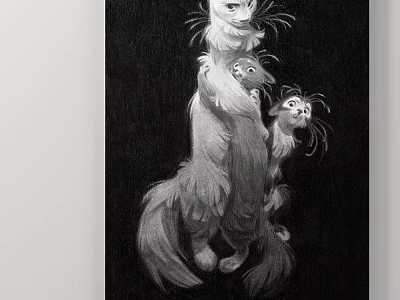 Monochrome Cat Family Artwork In Dark Background With Three Cats 3d model