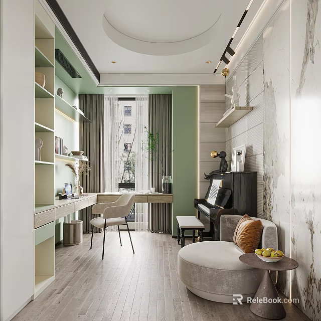 Modern Study Room Interior With Green Curtains Wooden Desk White Chair Piano And Sofa 3d model 