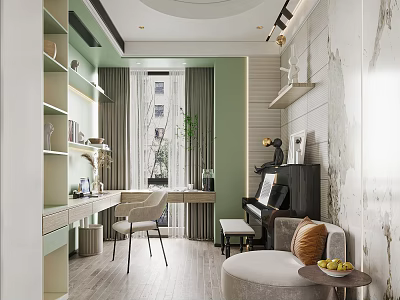 Modern Study Room Interior With Green Curtains Wooden Desk White Chair Piano And Sofa 3d model