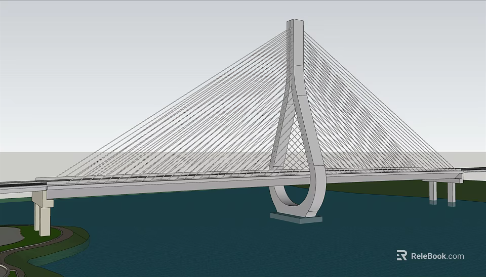Modern Cable Stayed Bridge Featuring White Pylon And Multiple Cables Over Water Background 3d model 
