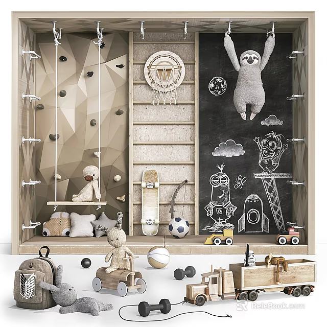 Indoor Fun Play Equipment With Climbing Wall Swing Chalkboard Drawings And Toys 3d model 