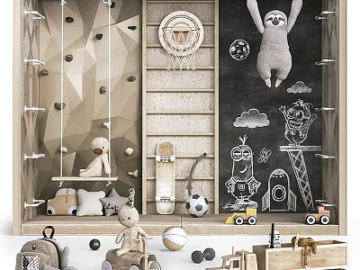 Indoor Fun Play Equipment With Climbing Wall Swing Chalkboard Drawings And Toys 3d model