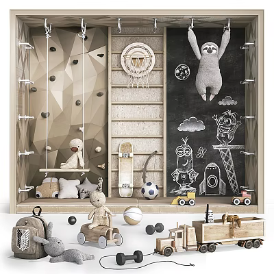Indoor Fun Play Equipment With Climbing Wall Swing Chalkboard Drawings And Toys 3d model