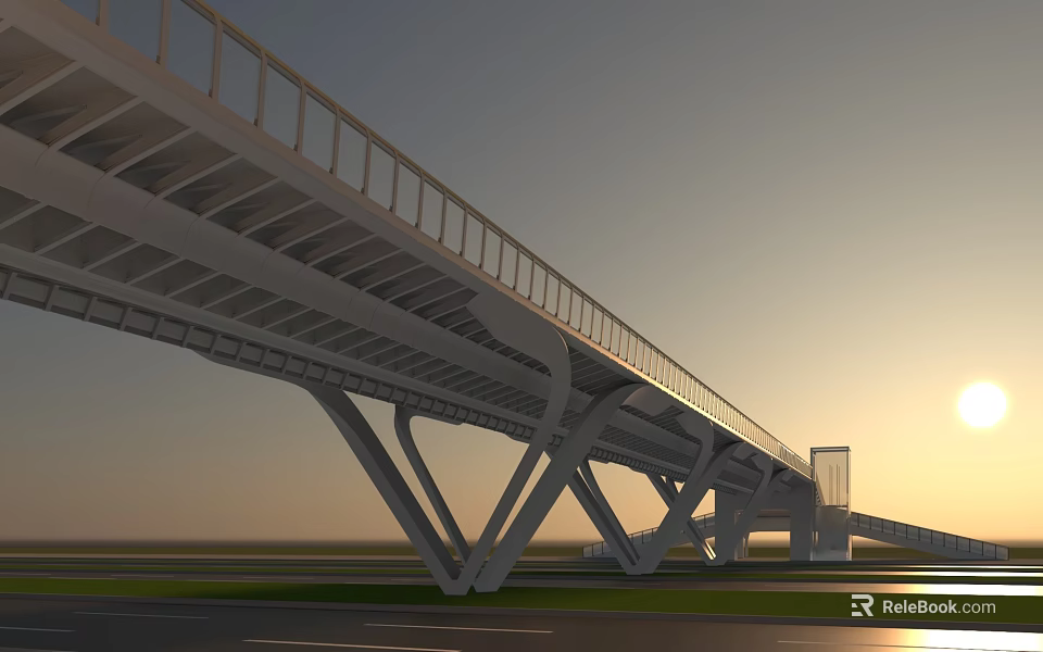 Modern White Cable Stayed Bridge With Support Structure Over Highway At Sunset 3d model 