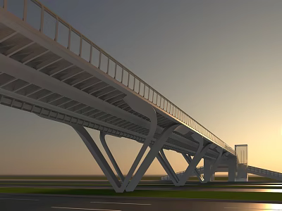 Modern White Cable Stayed Bridge With Support Structure Over Highway At Sunset 3d model