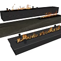 Modern Linear Black Fireplace Design With Glass Guards And Burning Flames
