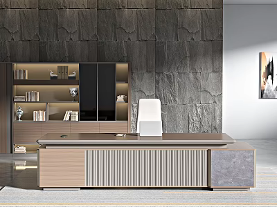 Modern Office Interior With Wooden Desk White Chair And Stone Accent Wall 3d model