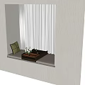 Cozy Bay Window Cabinet with Green Cushion White Flower Vase Tray and Light Curtains