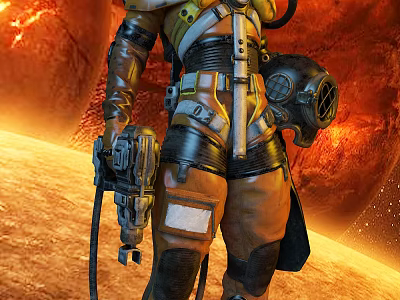 Armored Sci Fi Game Character in Mechanical Suit with Futuristic Weapon and Red Planet Backdrop 3d model