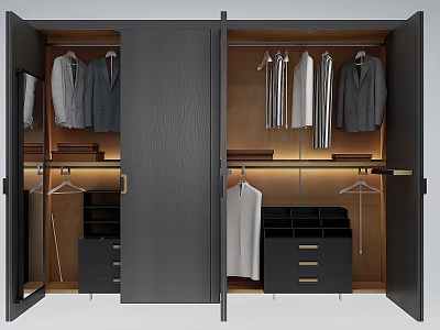 Modern Wardrobe Design With Black Doors Wooden Interior Hanging Racks And Drawers 3d model