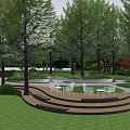 Serene Park Landscape With Curved Wooden Deck White Chairs Tables Green Lawn And Tall Trees