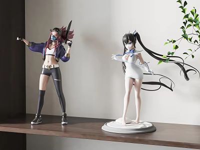 Anime Collectible Figures In Different Outfits Displayed On Wooden Shelf With Green Plant 3d model