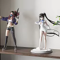 Anime Collectible Figures In Different Outfits Displayed On Wooden Shelf With Green Plant