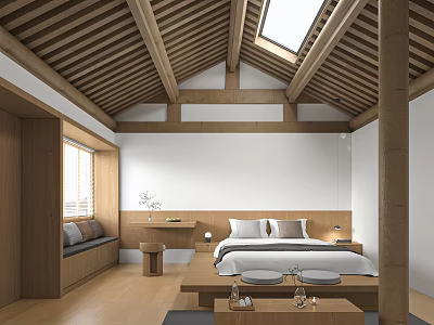 Minimalist Hotel Guest Room With Wooden Ceiling Skylight Tatami Bed And Window Seat 3d model