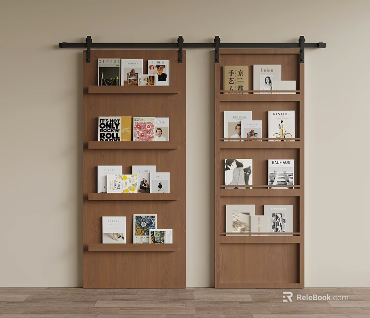 Wooden Sliding Doors With Built In Bookshelves For Modern Home Interior Design 3d model 