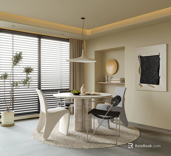Modern Dining Room Interior With Round Table White Black Chairs Large Windows And Pendant Light 3d model 