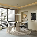 Modern Dining Room Interior With Round Table White Black Chairs Large Windows And Pendant Light 3d model