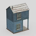 Cartoon Blue Two Story Wooden House With Gray Roof And Porch Windows