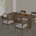 Modern Wooden Dining Table Set With Four Chairs Woven Seats And Fruits On Tray