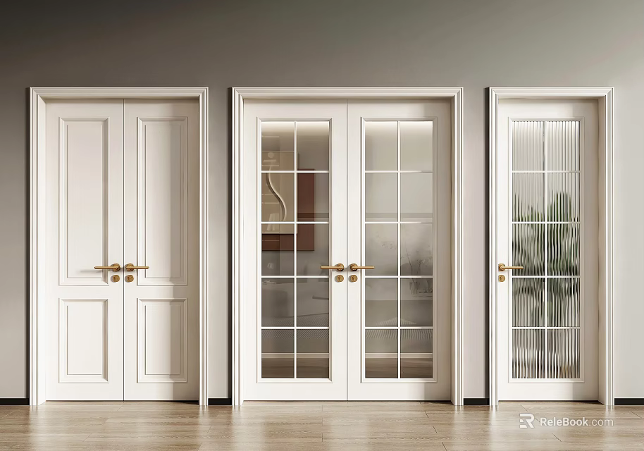 White Modern Interior Double Doors With Various Glass Panel And Frosted Designs 3d model 
