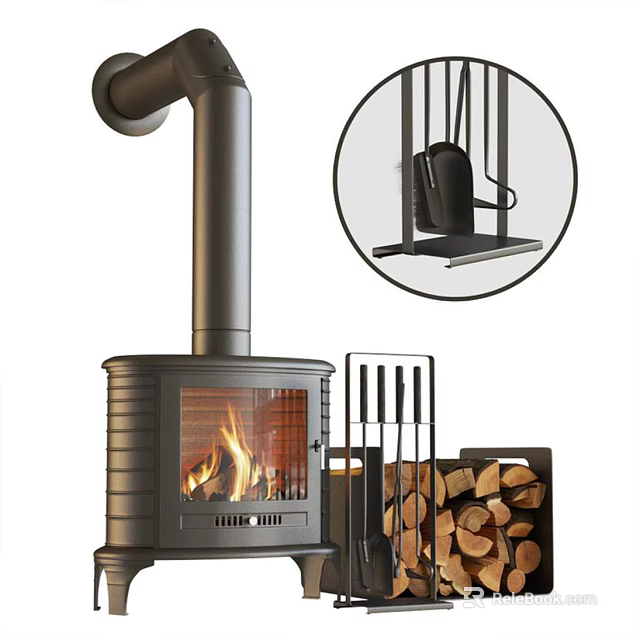 Burning Fireplace With Glass Door Chimney Metal Structure And Stacked Firewood 3d model