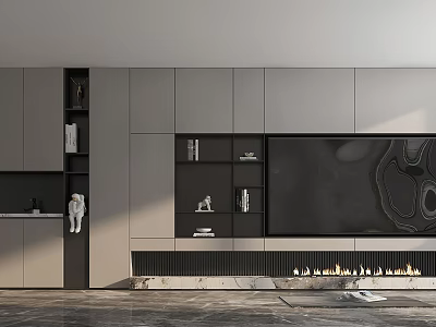 Modern Luxury TV Wall Design With Gray Cabinets Black TV Fireplace And Marble Floor 3d model