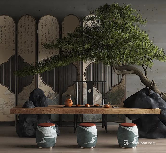 Modern Tea Room Interior with Circular Hollow-out Screen Calligraphy Pine Tree and Tea Sets 3d model
