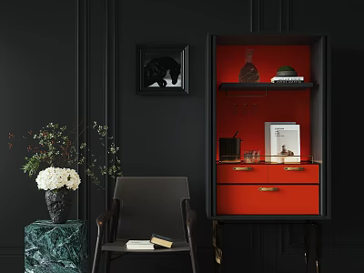Elegant Black And Red Decorative Cabinet With Vase Green Bowl And Drawers 3d model