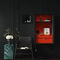 Elegant Black And Red Decorative Cabinet With Vase Green Bowl And Drawers