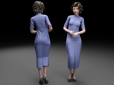 Woman in Blue Polka Dot Cheongsam with Short Hair and Black High Heels 3d model