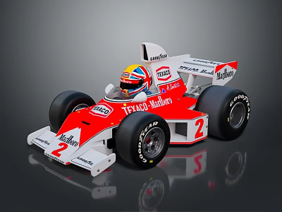 Red and White Racing Car with Texaco Marlboro Logo Number 2 and Driver with Helmet 3d model