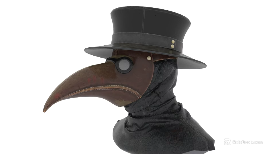 Black Leather Plague Doctor Mask With Long Beak Top Hat And Single Eye Lens 3d model 