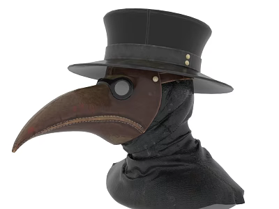 Black Leather Plague Doctor Mask With Long Beak Top Hat And Single Eye Lens 3d model
