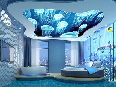 Underwater Themed Hotel Room Interior With Jellyfish Ceiling Ocean Murals Bathtub And Bed 3d model