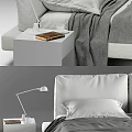 Modern Double Bed with White Headboard Gray Blanket Nightstand Table Lamp and Pillows