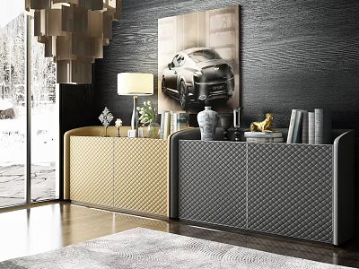 Modern Entryway Cabinet and Side Cabinet Yellow Gray Patterned Doors with Table Lamp Wall Art 3d model