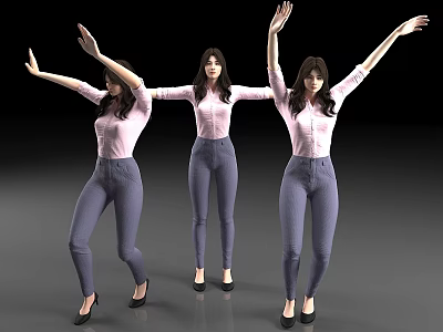 Women In Pink Shirts Gray Pants And Black Heels Posing With Raised Arms 3d model