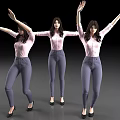 Women In Pink Shirts Gray Pants And Black Heels Posing With Raised Arms