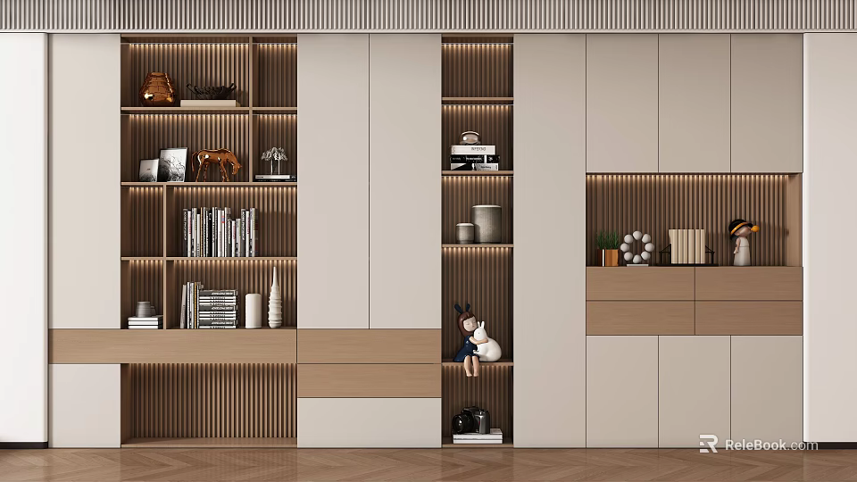 Modern Wooden Bookcase Design With Open Shelves LED Lighting And Decorative Items 3d model 