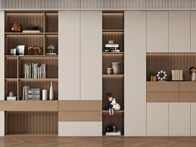 Modern Wooden Bookcase Design With Open Shelves LED Lighting And Decorative Items 3d model