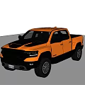 Orange Dodge RAM Pickup Truck With Black Hood Side Steps And Large Off-Road Tires