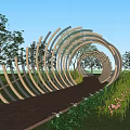 Garden Landscape Design With Spiral Arch Structure Wooden Glass Strips Green Plants And Brick Path