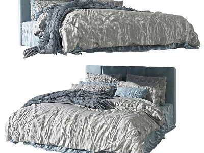 Cozy Double Bed With Gray Blue Bedding Soft Pillows And Stylish Headboard 3d model