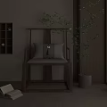 Natural Wooden Single Chair with Light Cushions Blue Accent Green Plant and Open Book