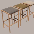 Set of Three Modern Bar Stools with Wooden Frame and Different Colored Cushions